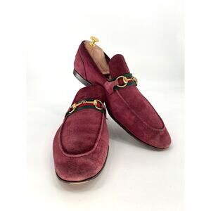 Gucci Jordaan Burgundy Suede Horsebit Loafers Green Red Web Gold Bit UK 12